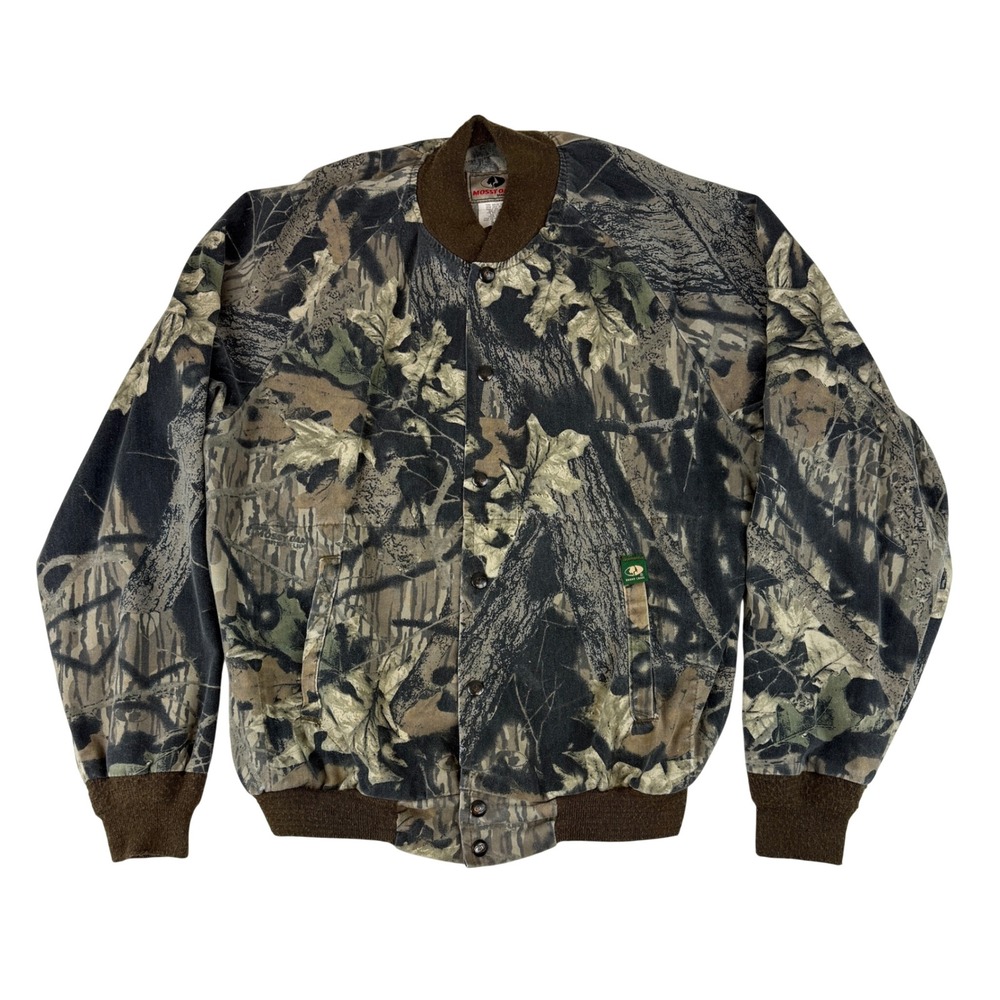 Mossy Oak Bomber Jacket Mens Large Green Camo Snap Front Made in USA Vintage